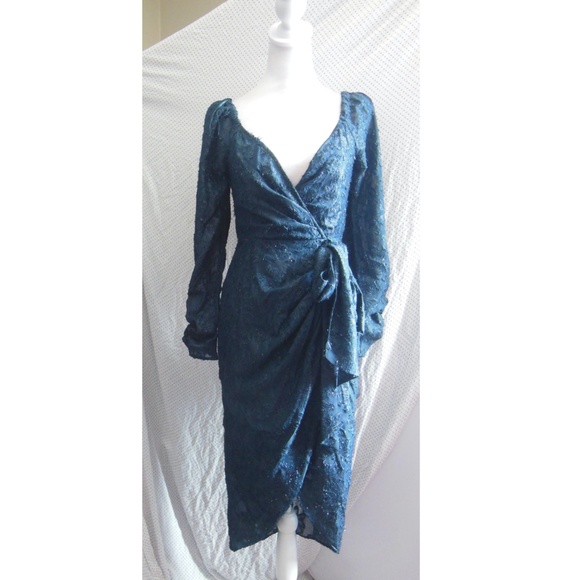 NEW ASTR Label NAVY Terese METALLIC Floral LONG SLEEVE Cocktail MIDI DRESS XS - Picture 5 of 16